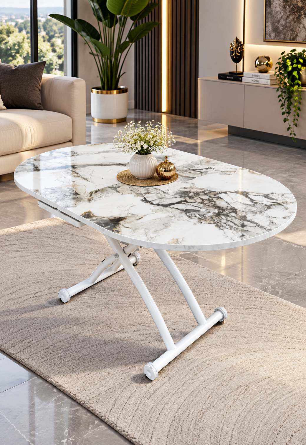 Ortadan Açılır Oval Akıllı Masa | Beyaz Mermer MDF & Beyaz