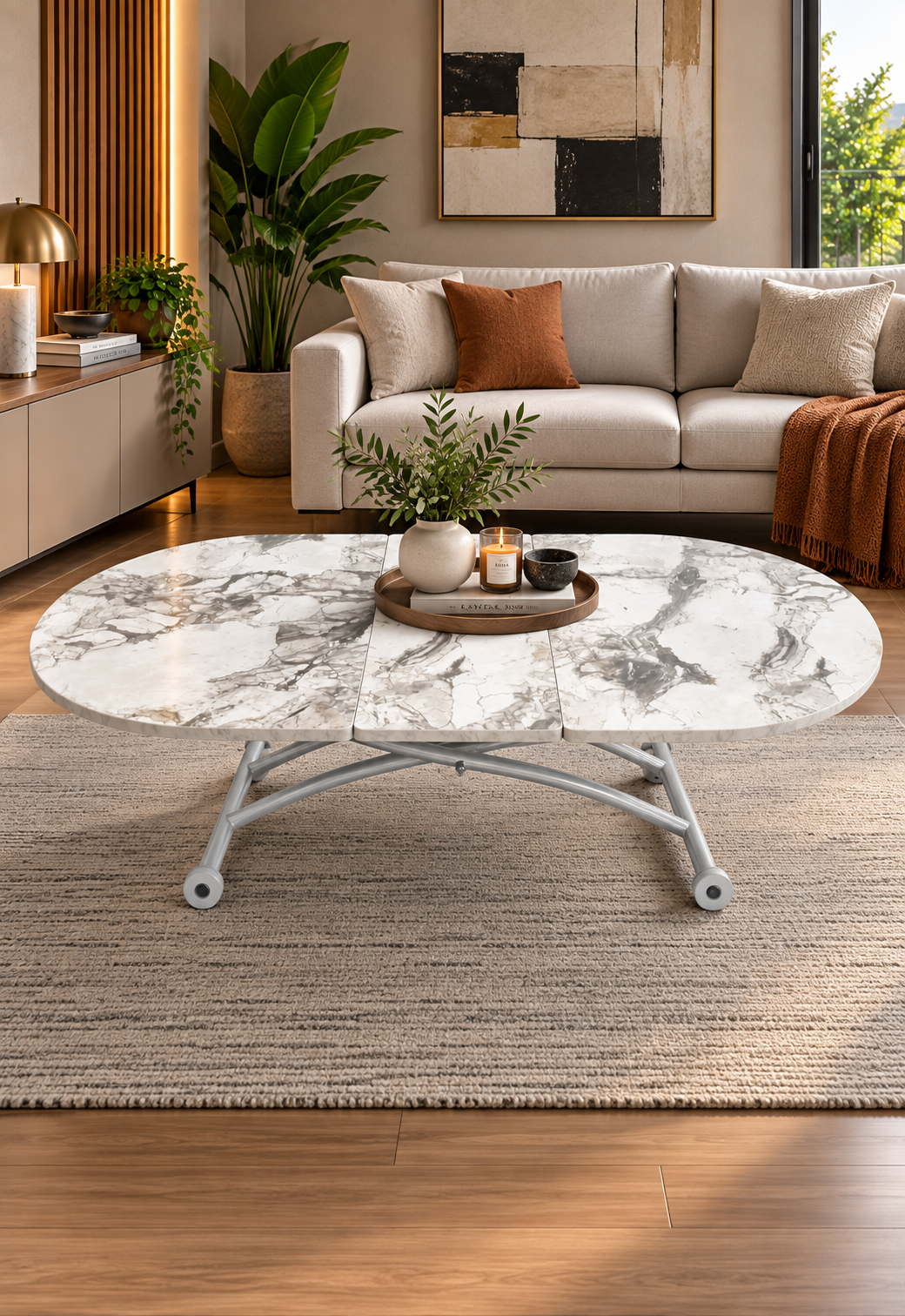 Oval Extendable Smart Table | White Marble MDF & Chrome