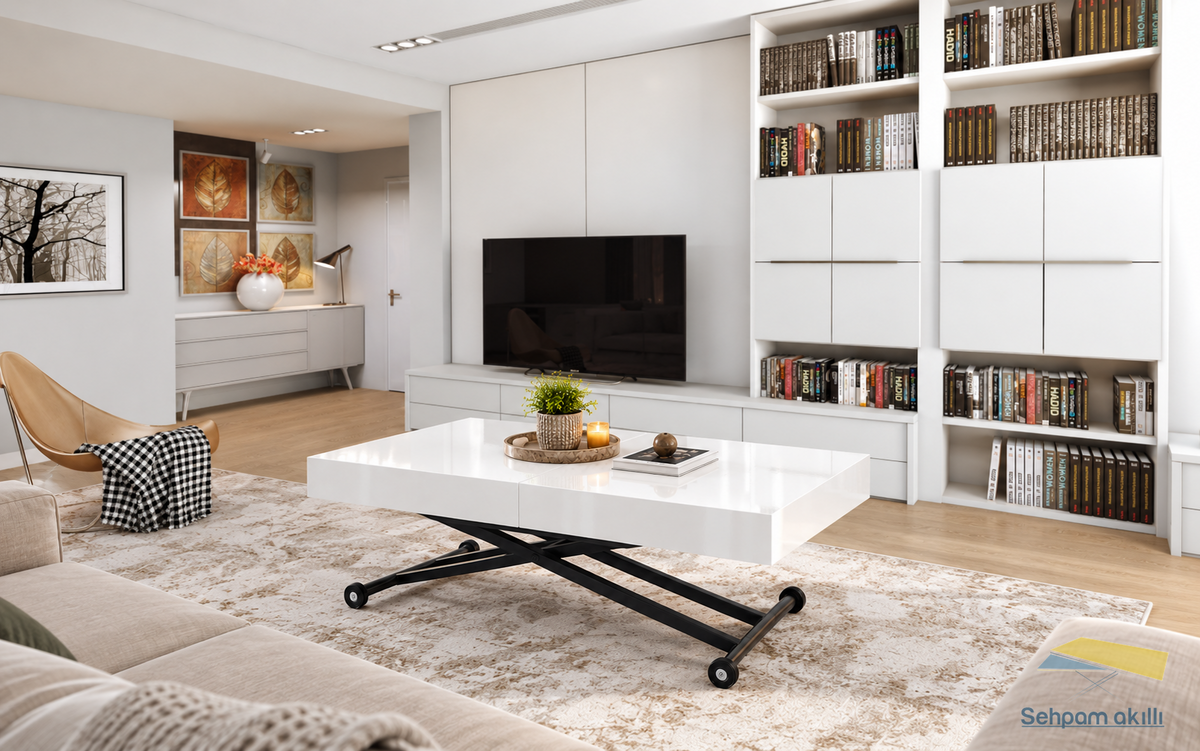 Oval Side-Opening Smart Table | Travertine MDF & Black