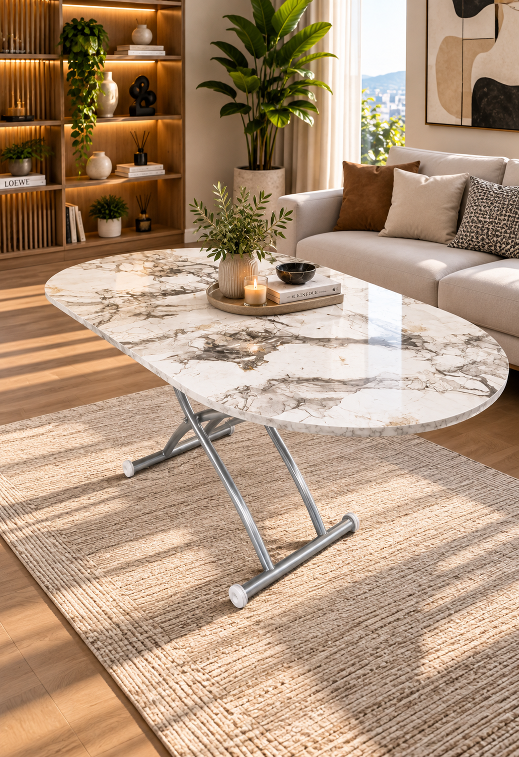 Oval Extendable Smart Table | White Marble MDF & Chrome