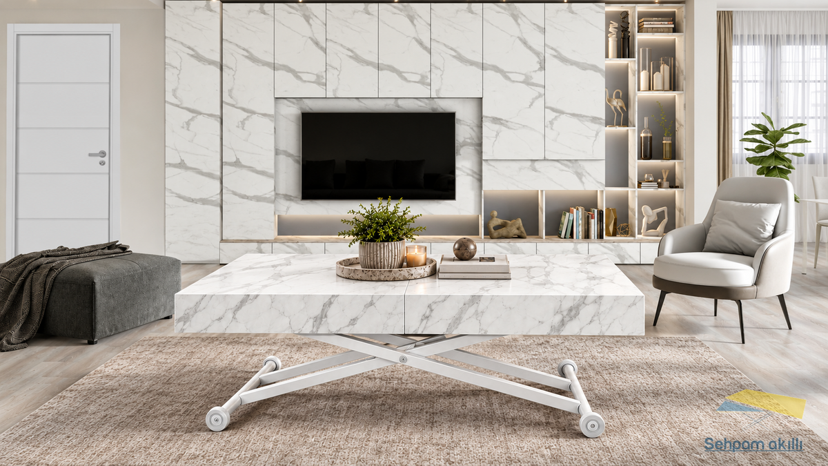 Oval Side-Opening Smart Table | Travertine MDF & Black