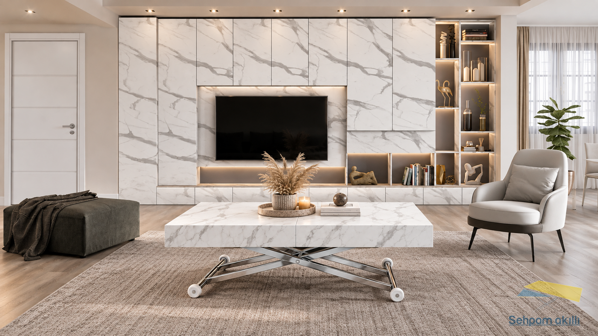 Oval Side-Opening Smart Table | Travertine MDF & Black