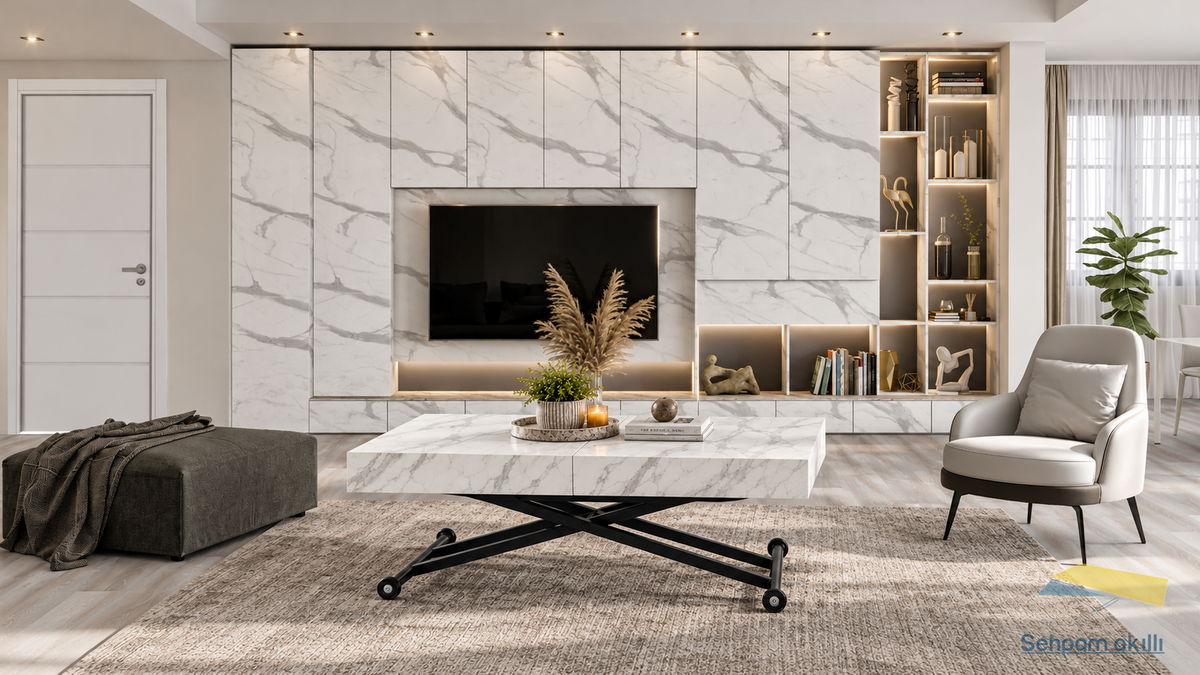 Oval Side-Opening Smart Table | Travertine MDF & Black