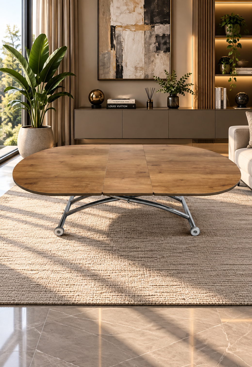 Oval Smart Table with Center Opening | Walnut MDF & Chrome