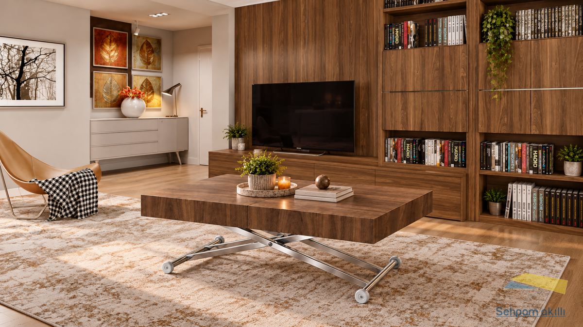 Oval Side-Opening Smart Table | Travertine MDF & Black