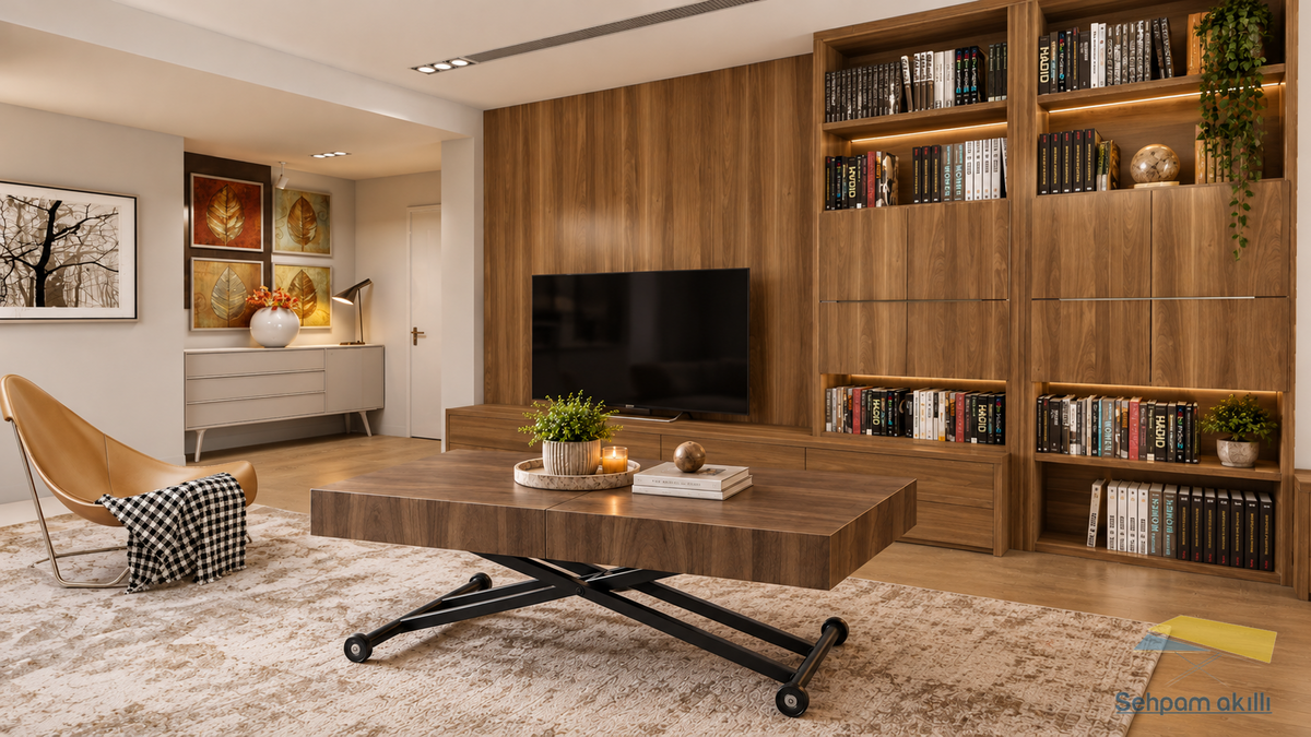 Oval Side-Opening Smart Table | Travertine MDF & Black