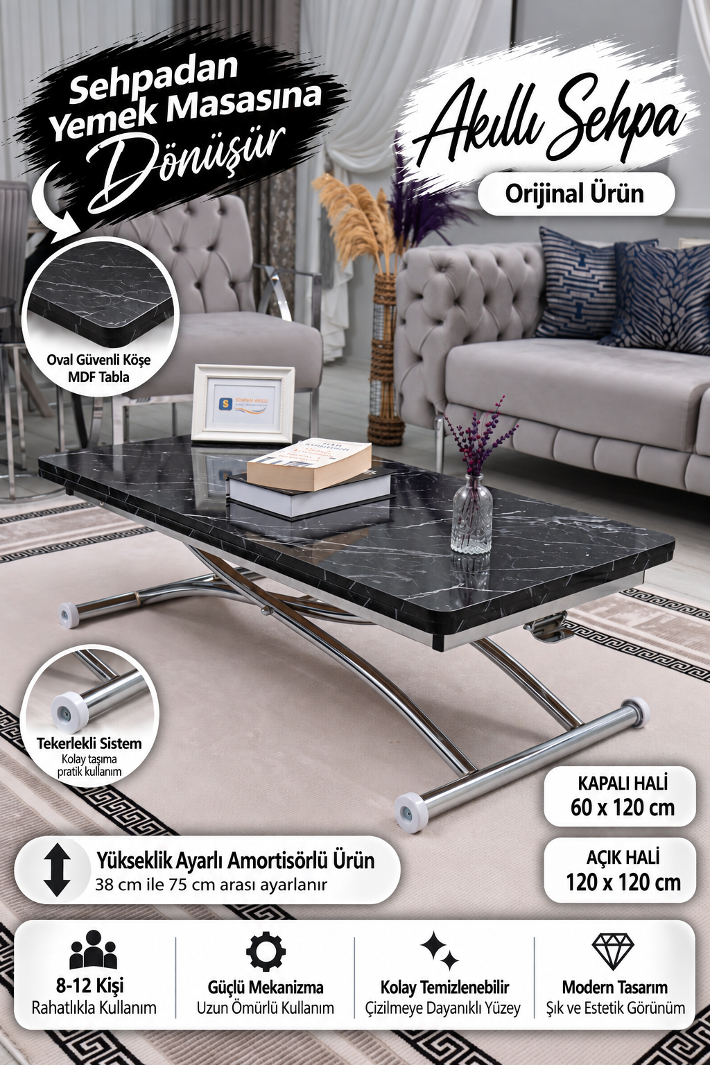 Juppo Smart Coffee Table – Black Marble MDF Top & Chrome Outward Curved Metal Leg