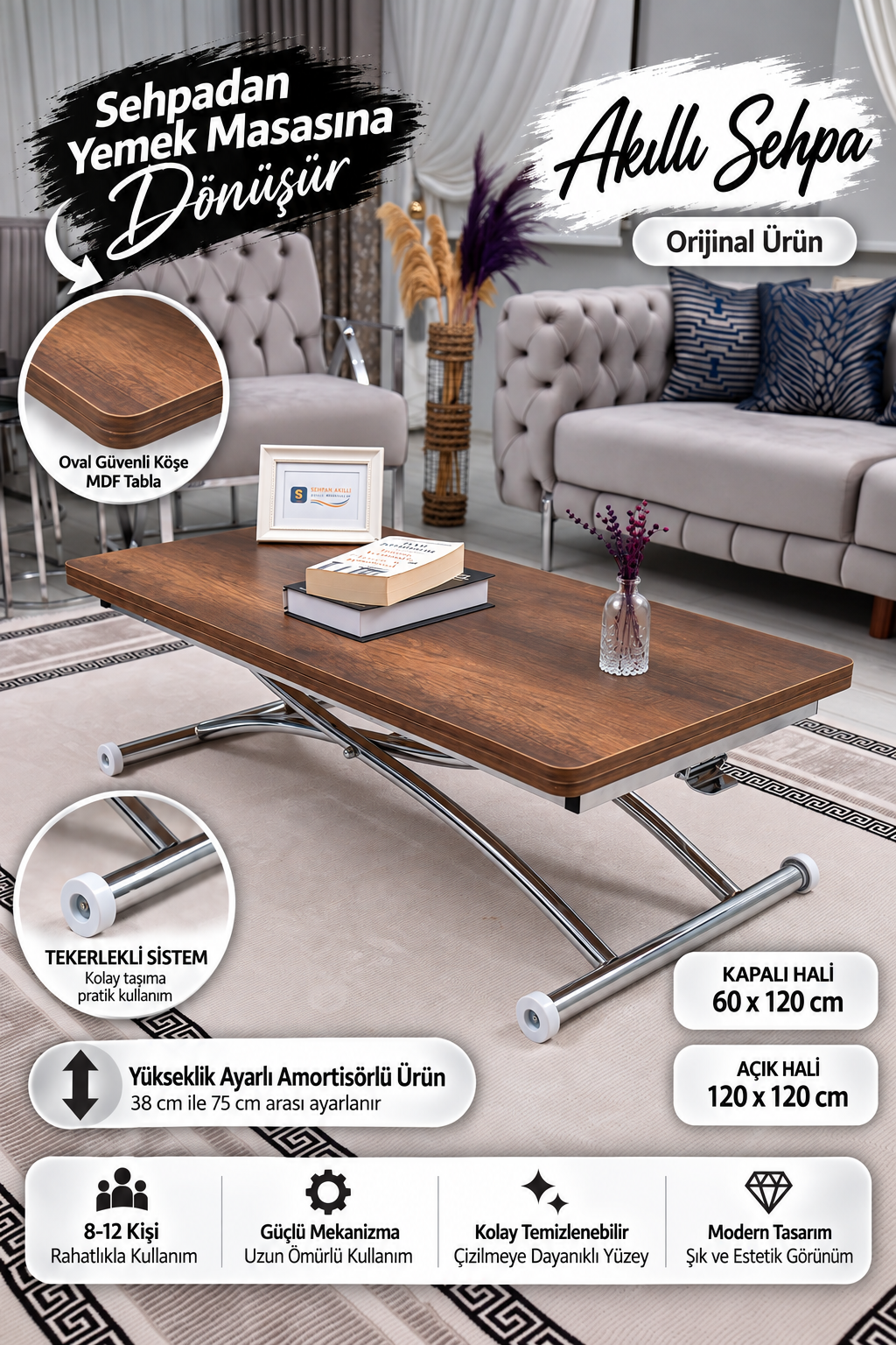 Juppo Akıllı Sehpa – Barok Koyu Ceviz MDF Üst & Krom Dışa Kıvrım Metal Ayak