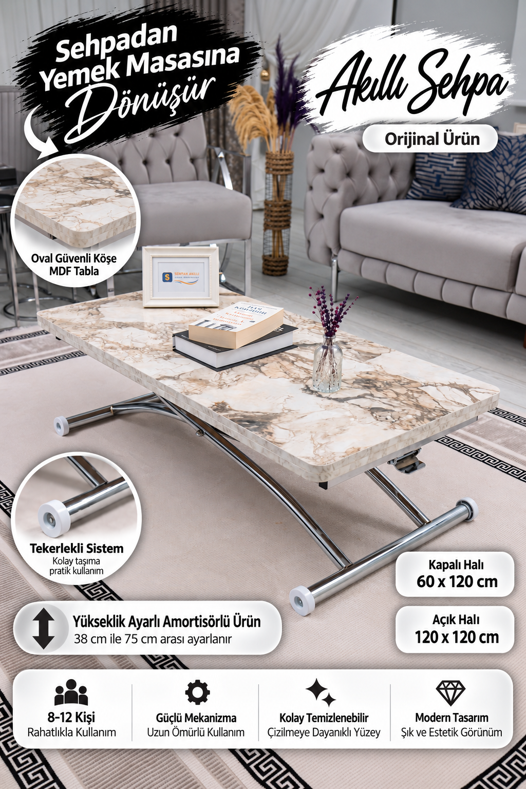 Juppo Smart Coffee Table – White Marble MDF Top & Chrome Outward Curved Metal Leg