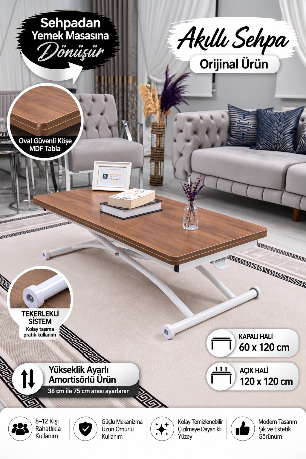 Juppo Smart Coffee Table – Walnut MDF Top & White Outward-Curving Metal Leg