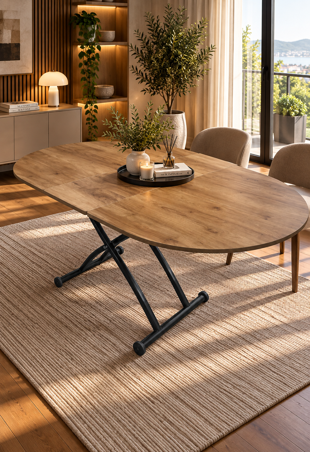 Oval Extendable Smart Table | Walnut MDF & Black