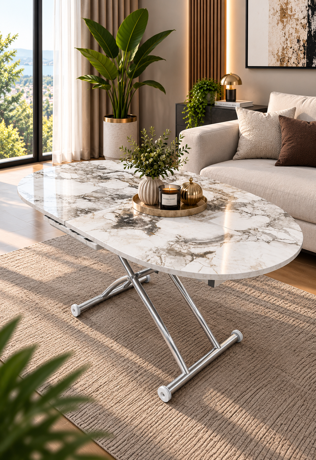 Oval Extendable Smart Table | White Marble MDF & Chrome
