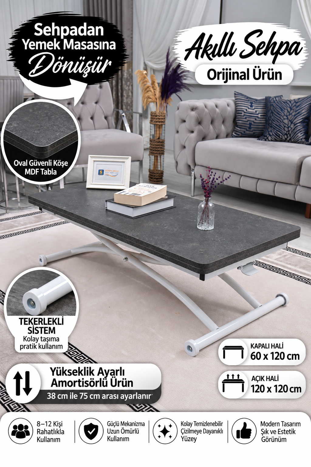 Juppo Smart Coffee Table – Anthracite MDF Top with Milling & White Outward Curved Metal Legs