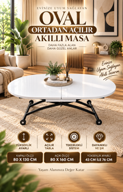 Ortadan Açılır Oval Akıllı Masa | Beyaz MDF & Siyah