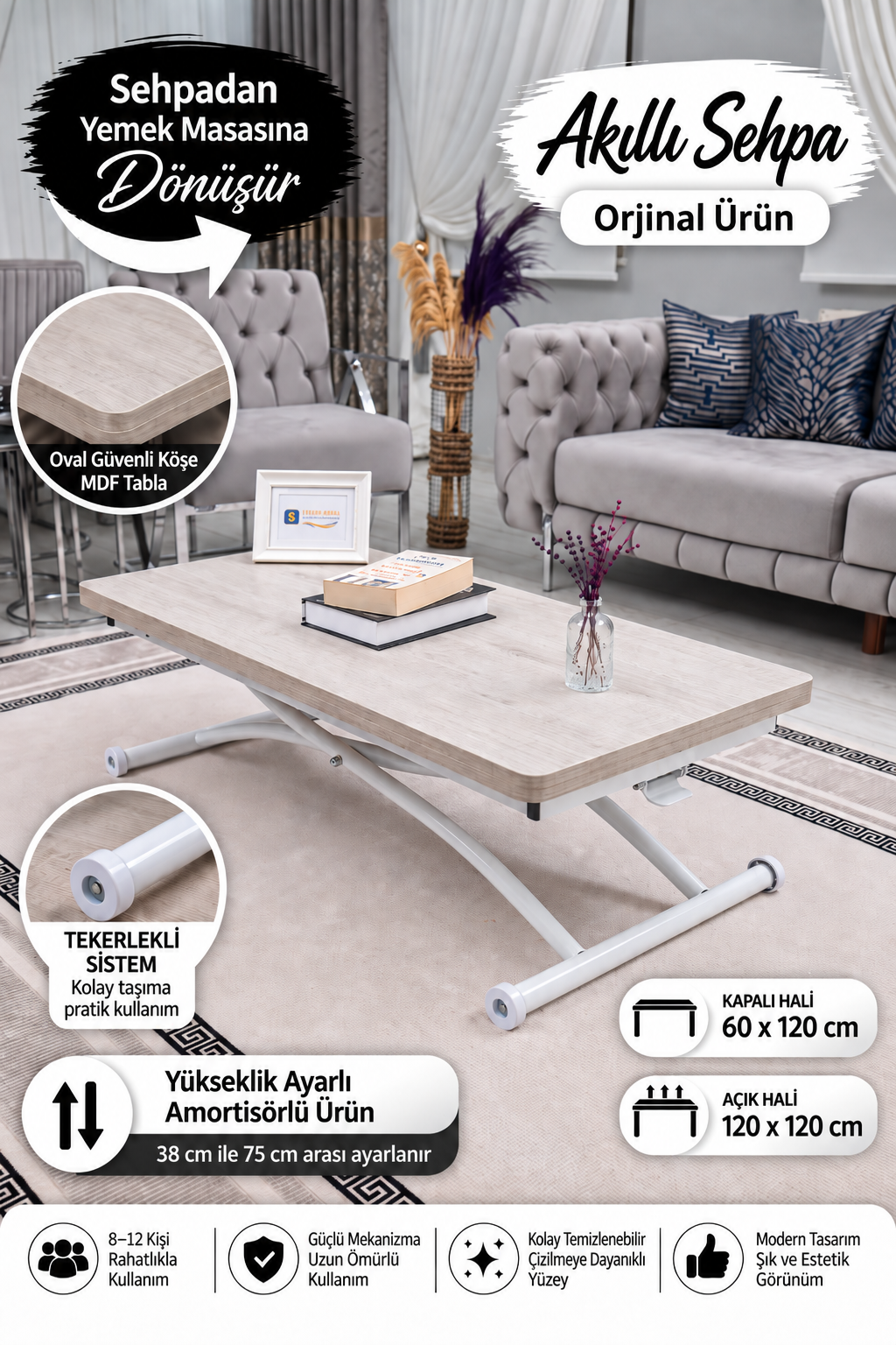 Juppo Smart Coffee Table – Lisbon MDF Top & White Outward-Curving Metal Leg