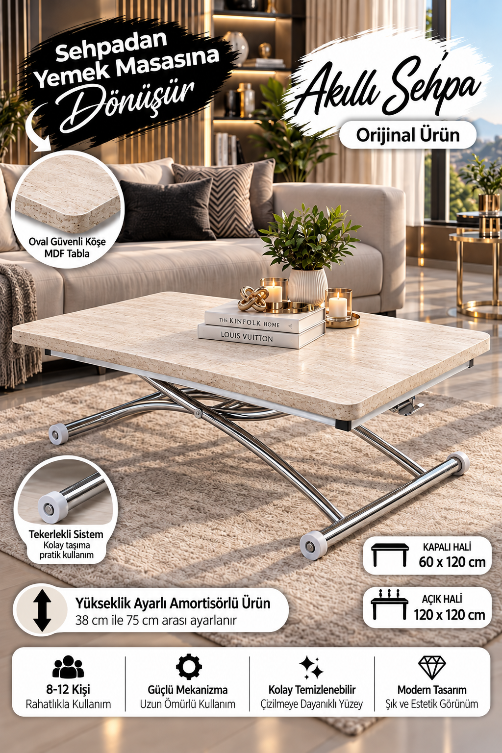Juppo Smart Coffee Table – Travertine MDF Top & Chrome Outward Curved Metal Leg