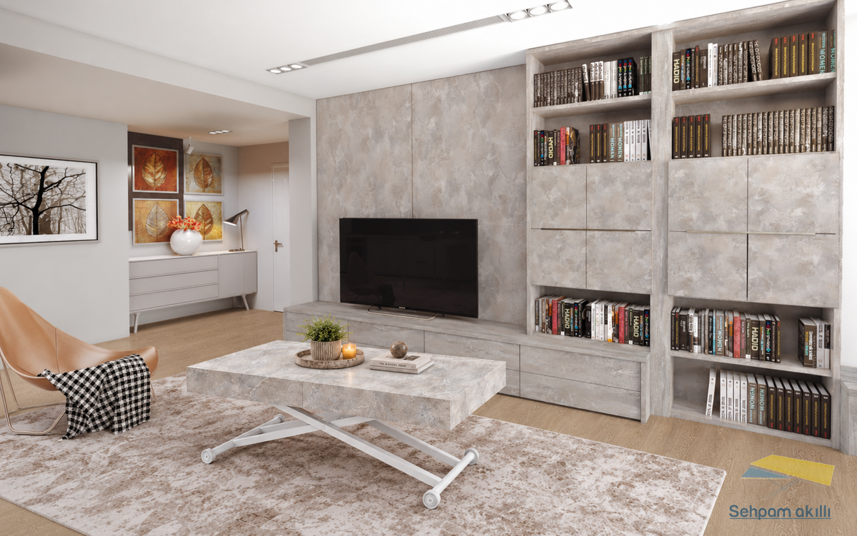 Oval Side-Opening Smart Table | Travertine MDF & Black