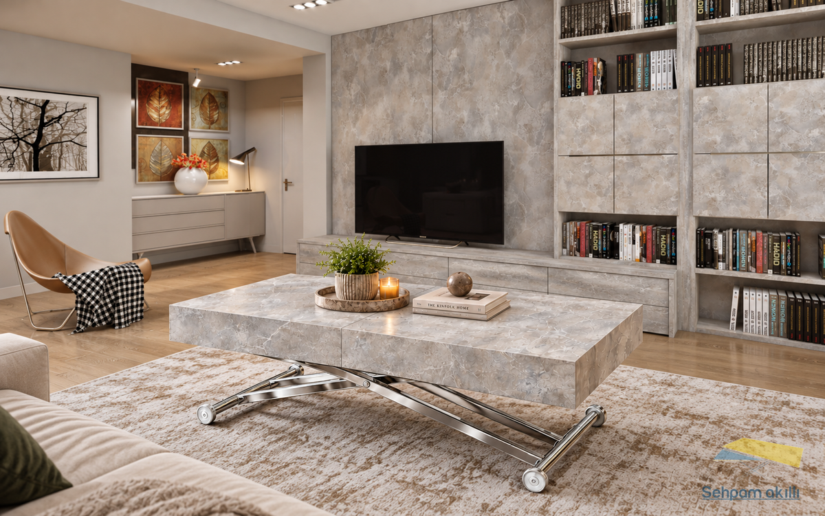 Oval Side-Opening Smart Table | Travertine MDF & Black