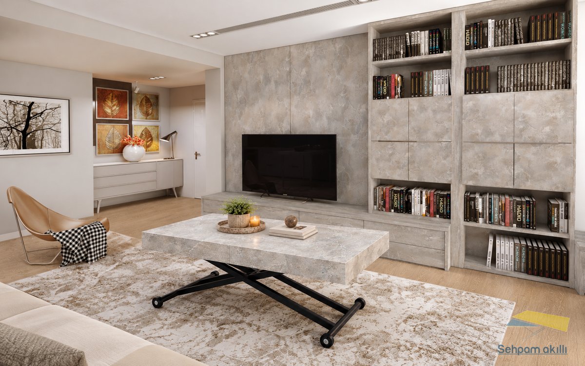 Oval Side-Opening Smart Table | Travertine MDF & Black