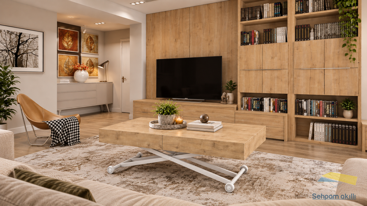 Oval Side-Opening Smart Table | Travertine MDF & Black