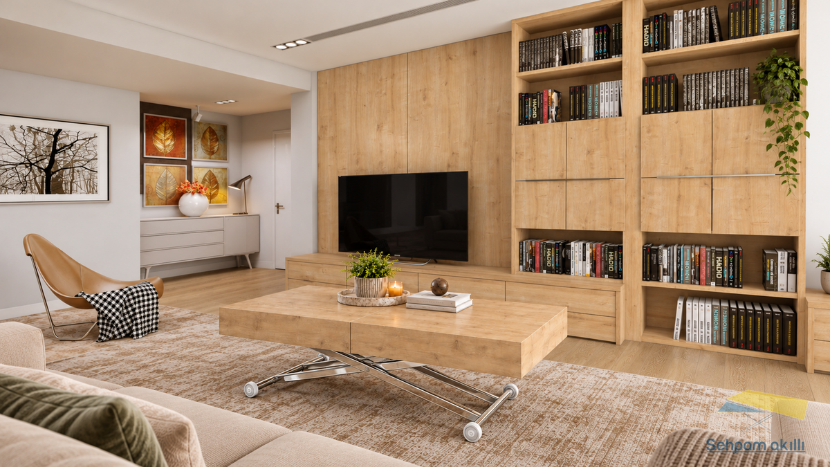Oval Side-Opening Smart Table | Travertine MDF & Black