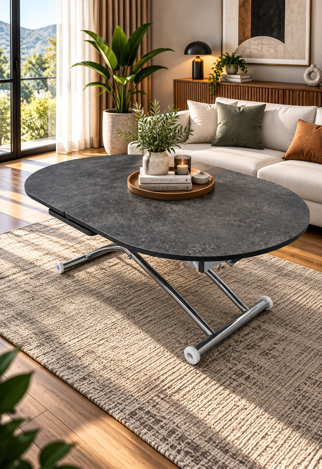 Extendable Oval Smart Table | Routered Anthracite MDF & Chrome