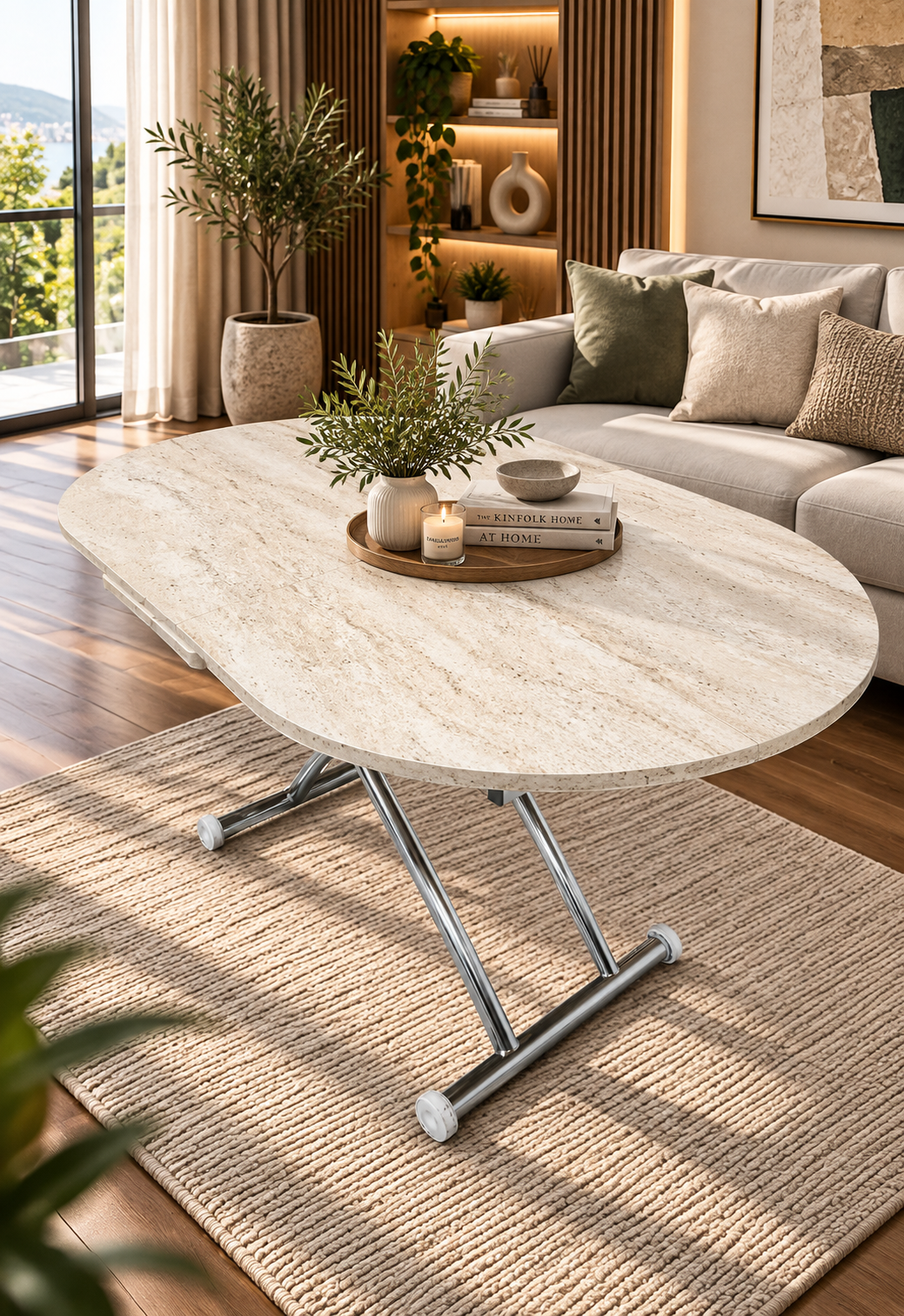 Oval Extendable Smart Table | Travertine MDF & Chrome