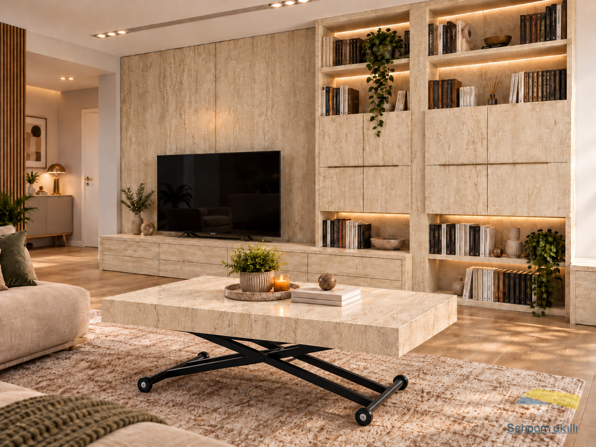 Oval Side-Opening Smart Table | Travertine MDF & Black