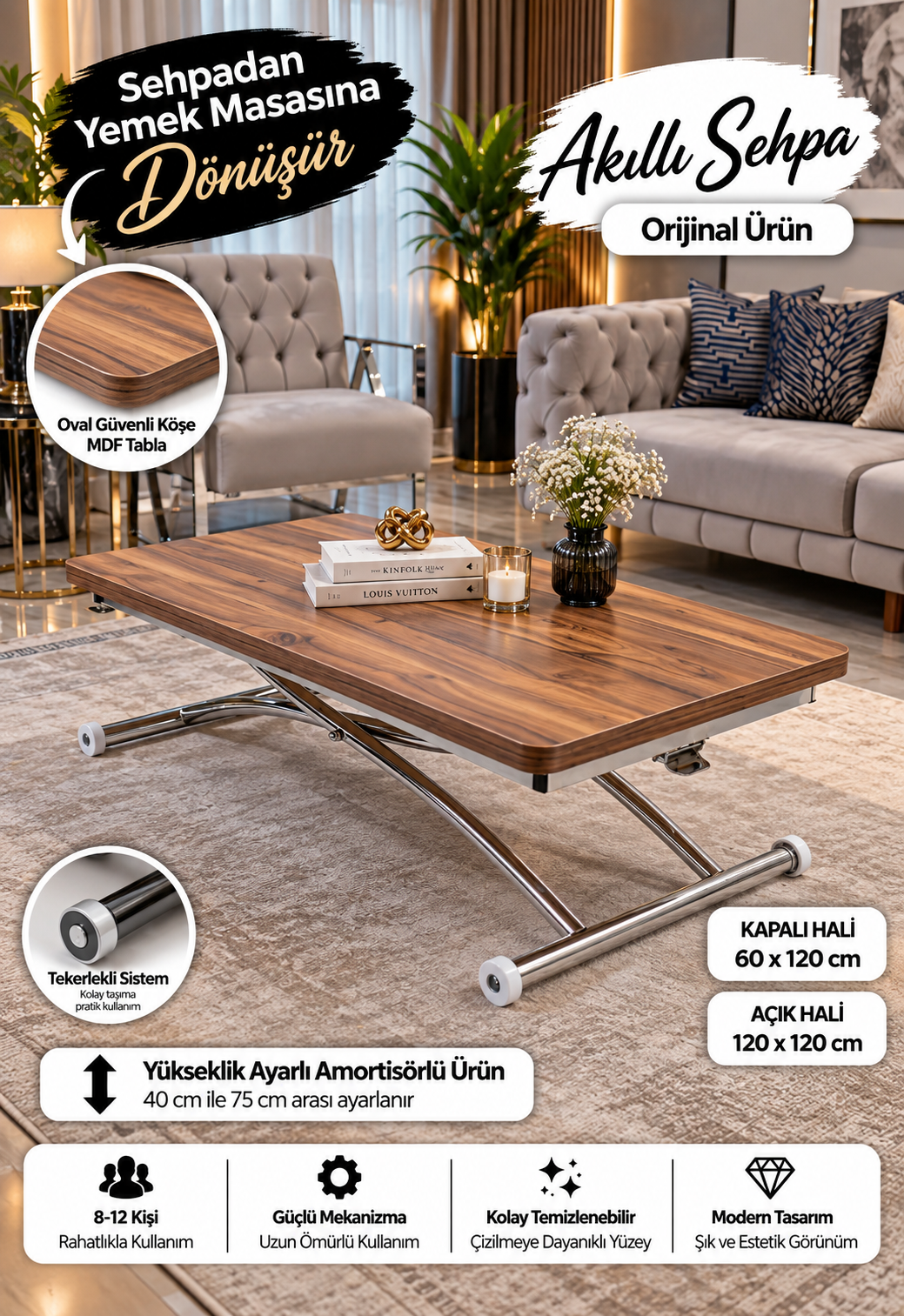 Juppo Smart Coffee Table – White MDF Top & Chrome Outward Curved Metal Leg