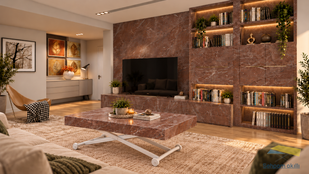 Oval Side-Opening Smart Table | Travertine MDF & Black