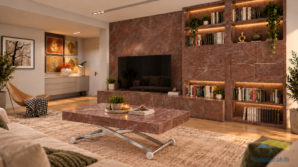 Oval Side-Opening Smart Table | Travertine MDF & Black