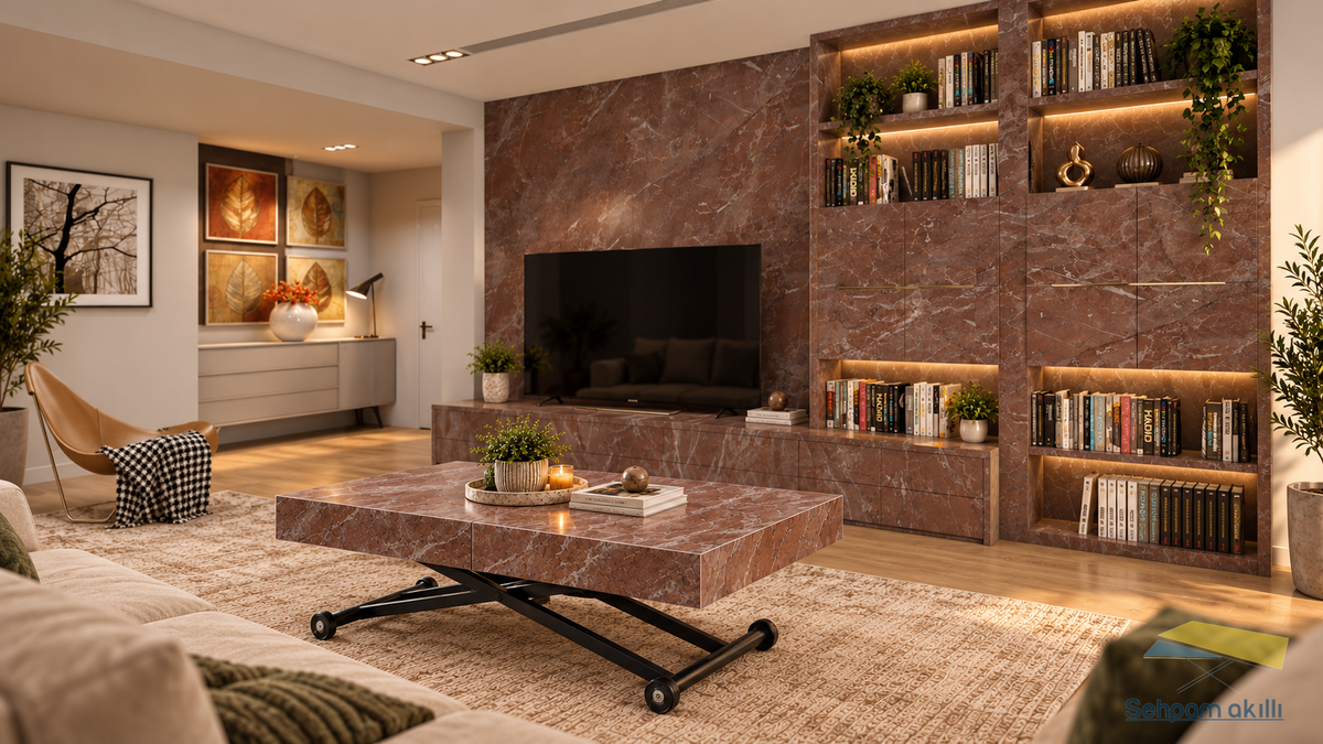 Oval Side-Opening Smart Table | Travertine MDF & Black