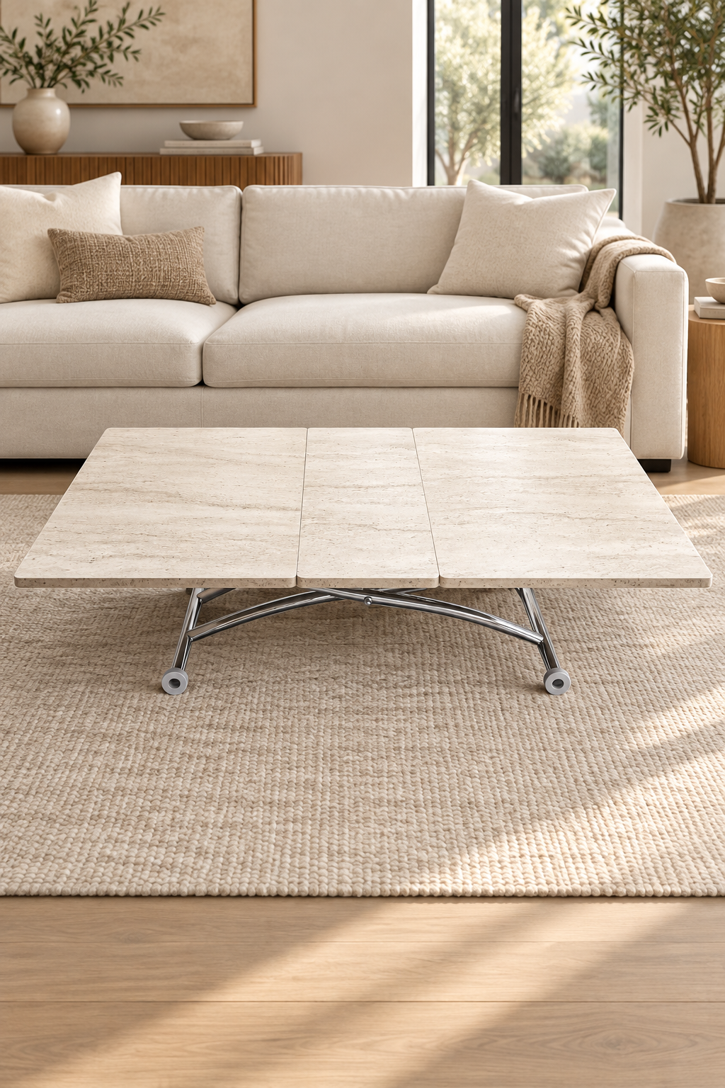 Expanding Square Smart Table | Travertine MDF & Chrome