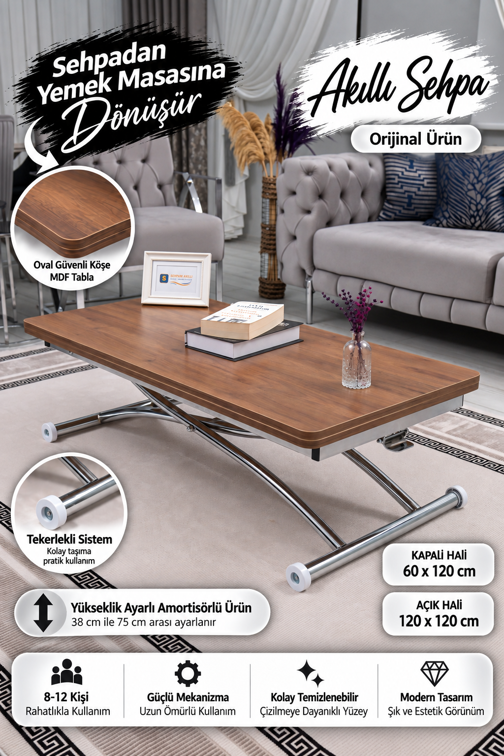 Juppo Smart Coffee Table – Walnut MDF Top & Chrome Outward Curved Metal Legs