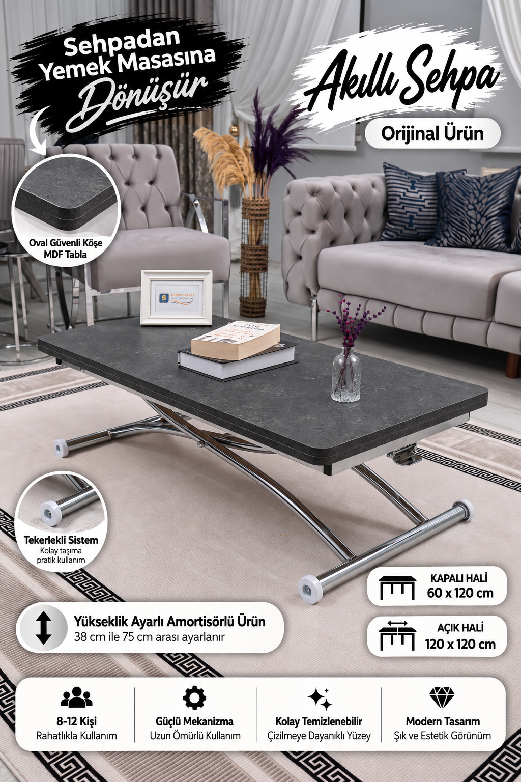 Juppo Smart Coffee Table – Milled Anthracite MDF Top & Chrome Outward Curved Metal Leg