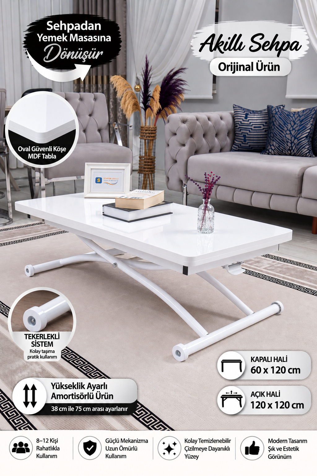 Juppo Akıllı Sehpa – Beyaz MDF Üst & Beyaz Dışa Kıvrım Metal Ayak