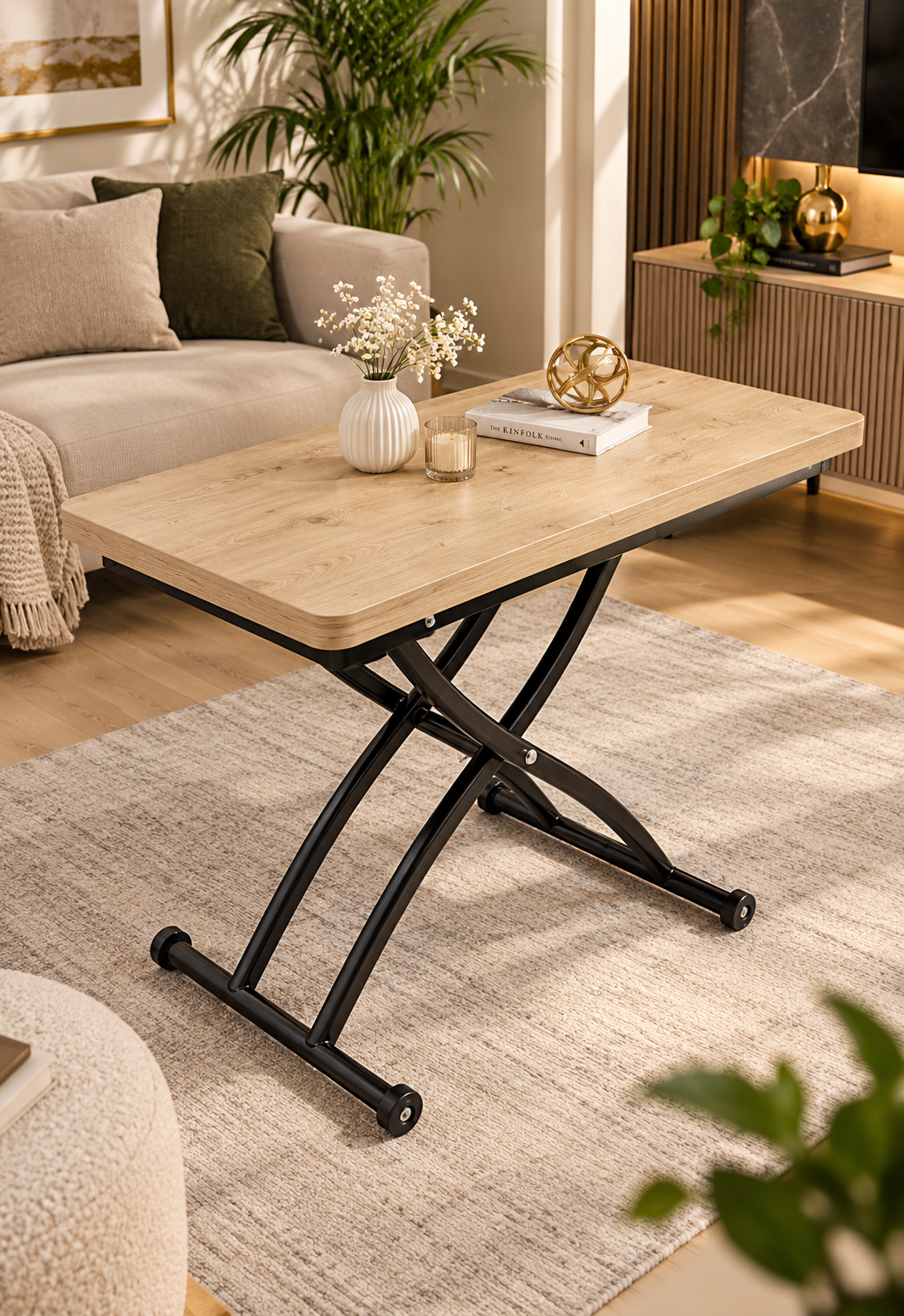 Mini Juppo Smart Coffee Table – Antique Light MDF Top & Black Outward Curved Metal Leg