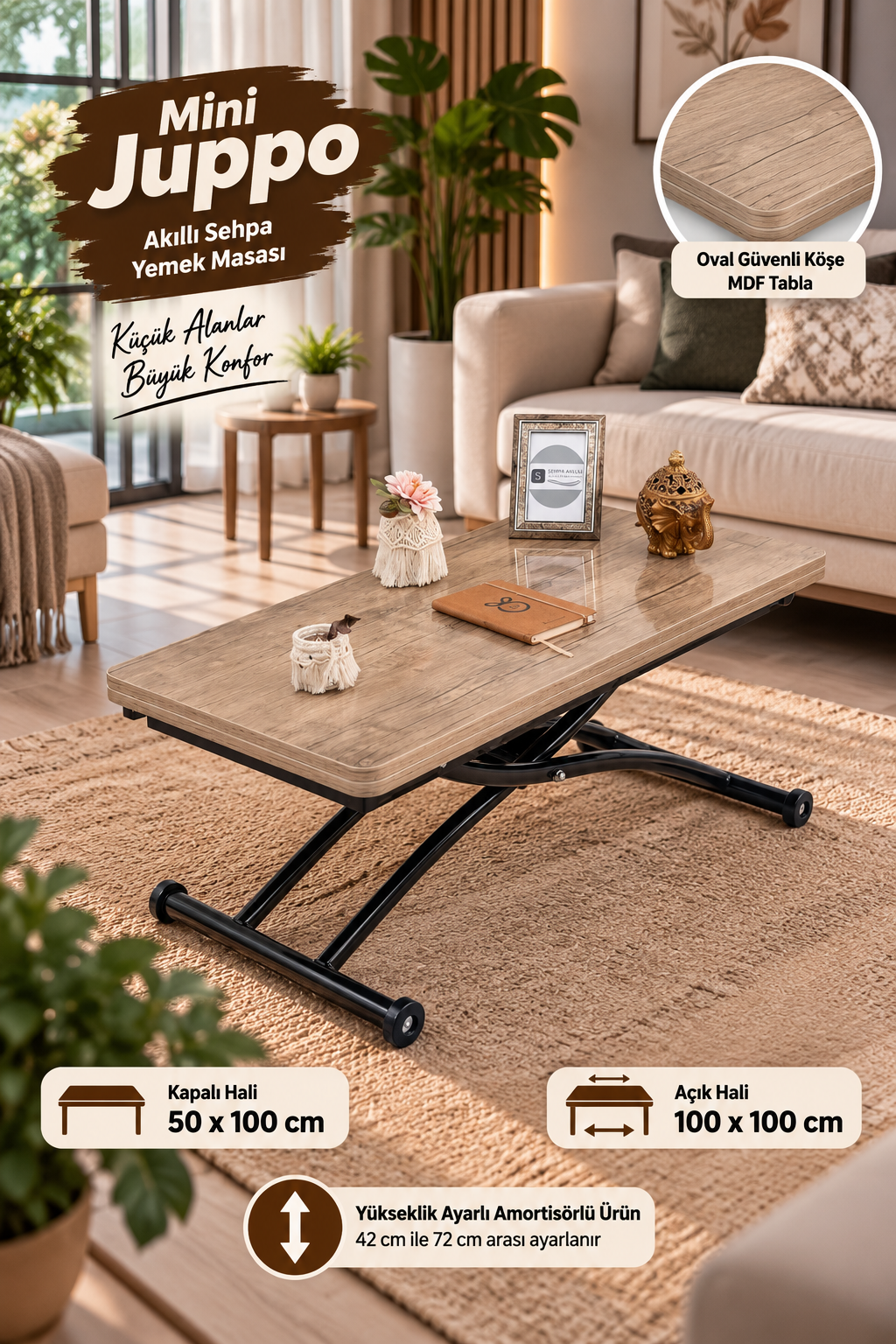 Mini Juppo Smart Coffee Table – Antique Light MDF Top & Black Outward Curved Metal Leg