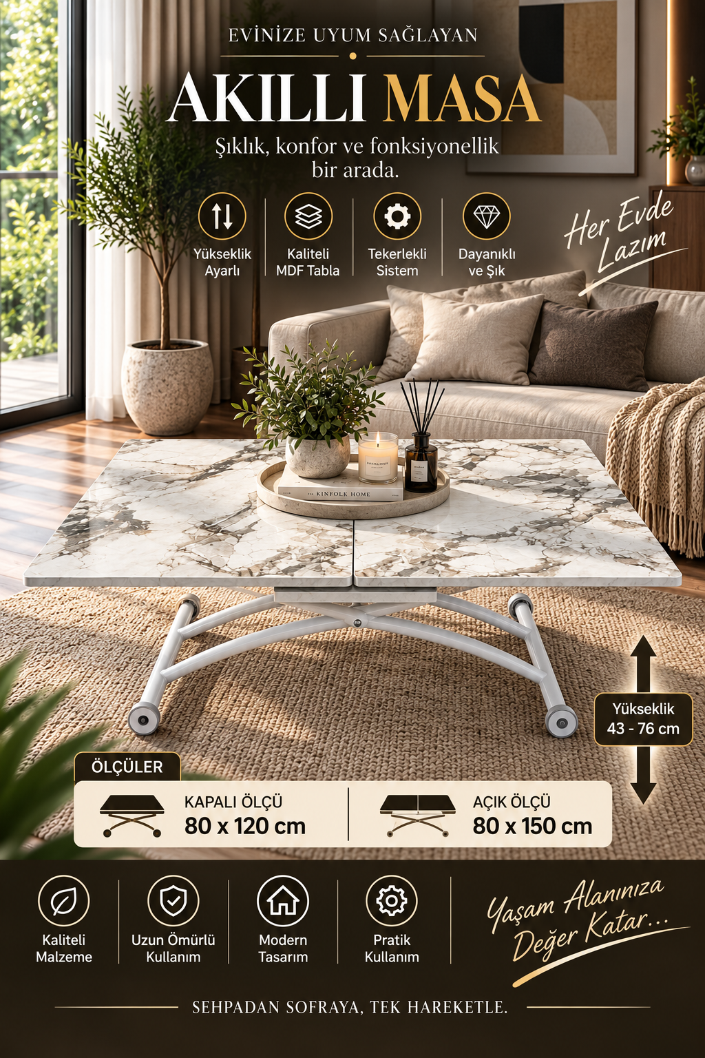 Square Smart Table with Central Opening | White Marble MDF & White
