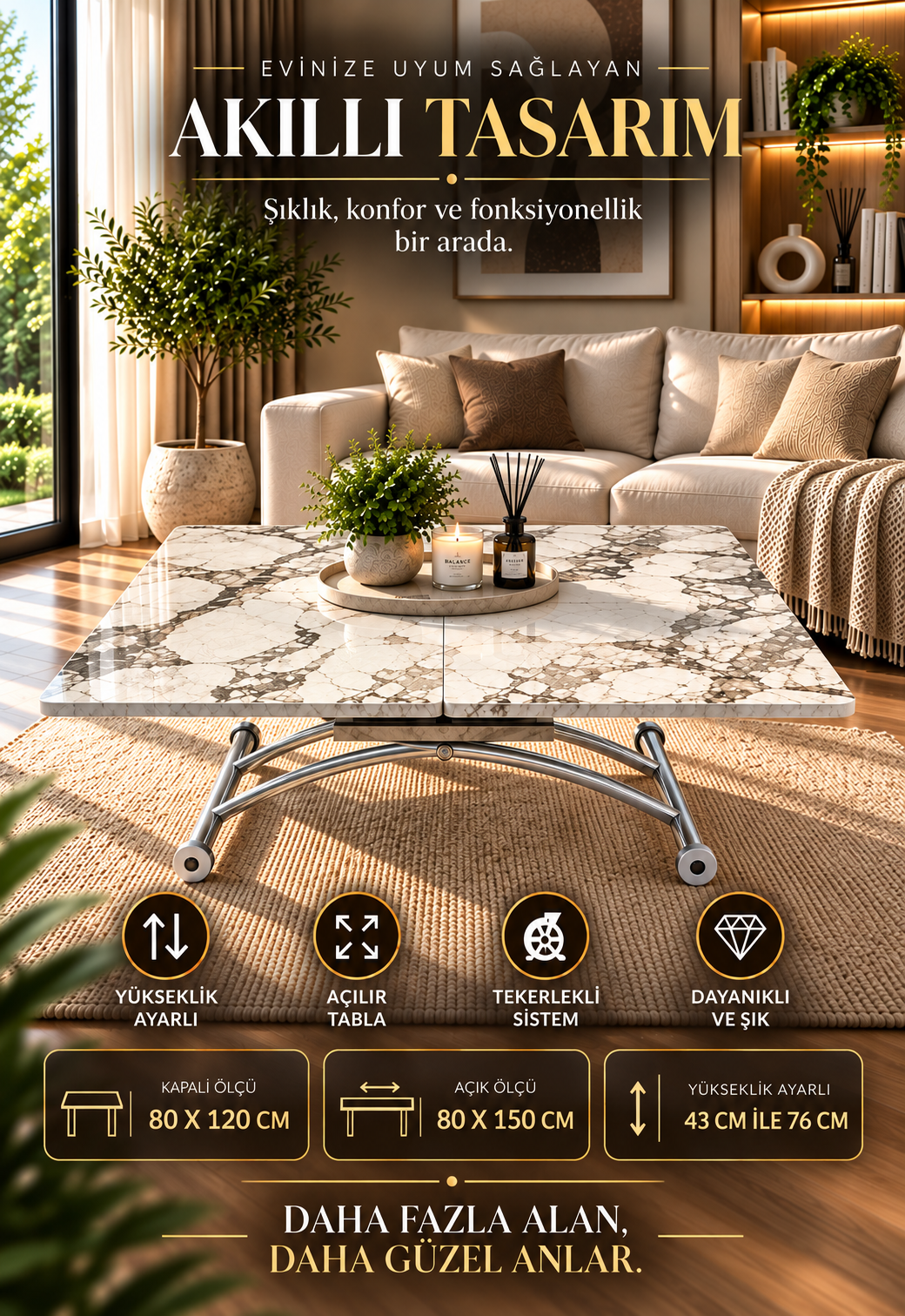 Square Smart Table with Central Opening | White Marble MDF & Chrome