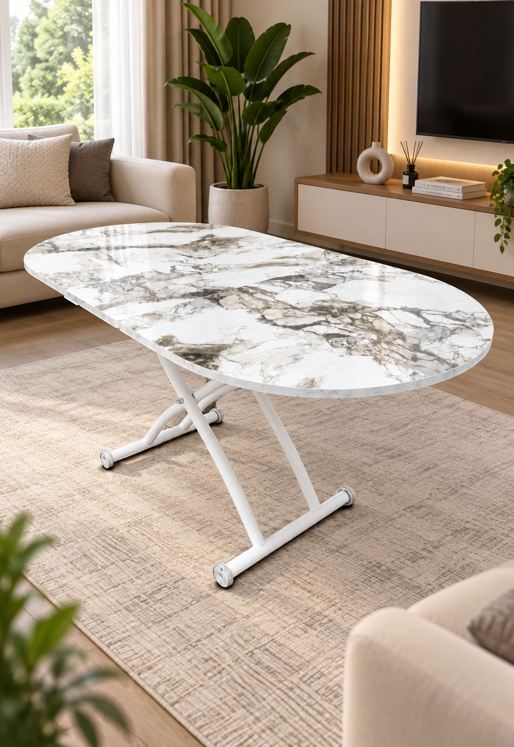 Extendable Oval Smart Table | White Marble MDF & White