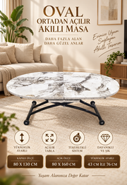 Ortadan Açılır Oval Akıllı Masa | Beyaz Mermer MDF & Siyah