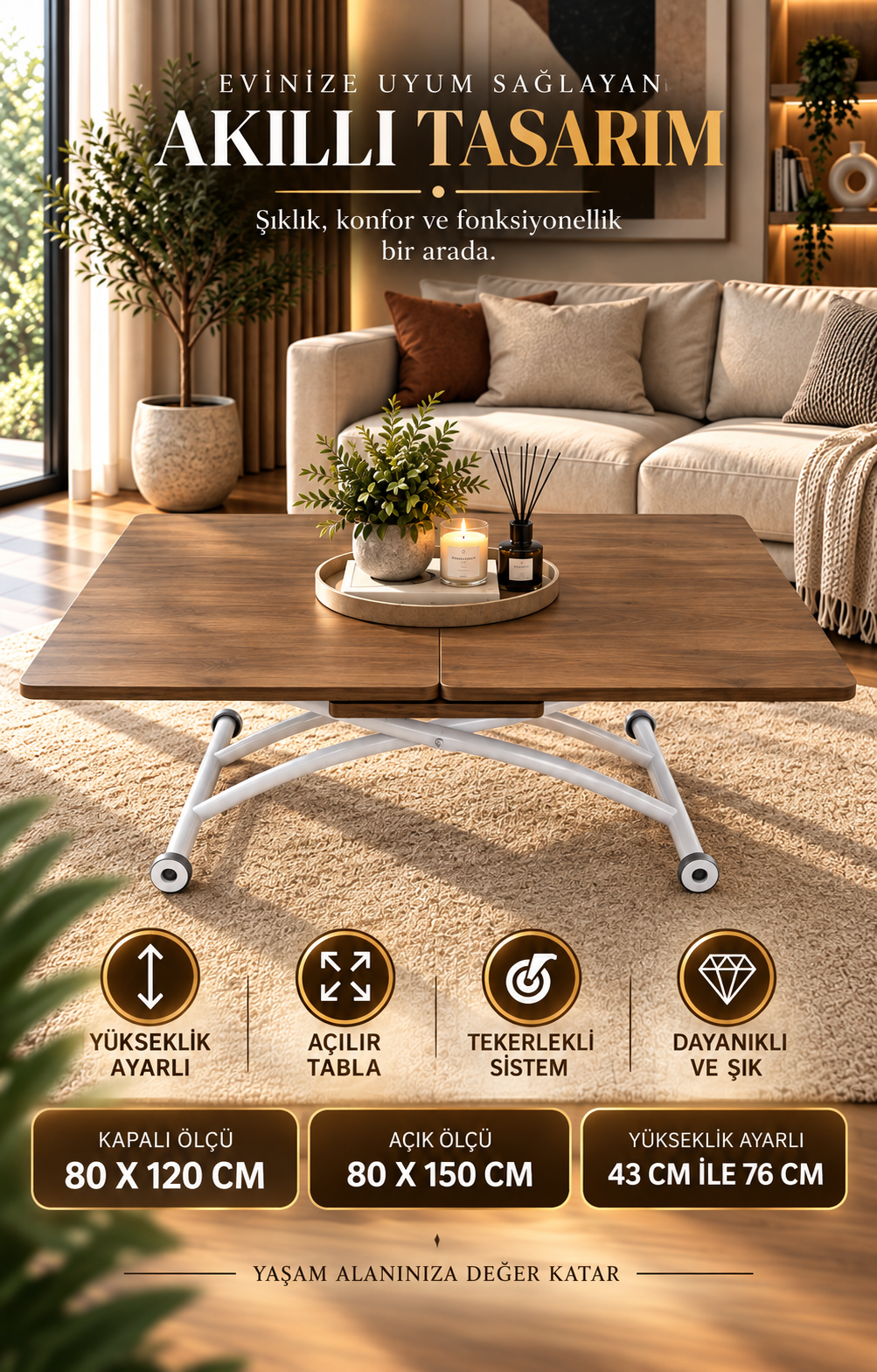 Mid-Opening Square Smart Table | Walnut MDF & White
