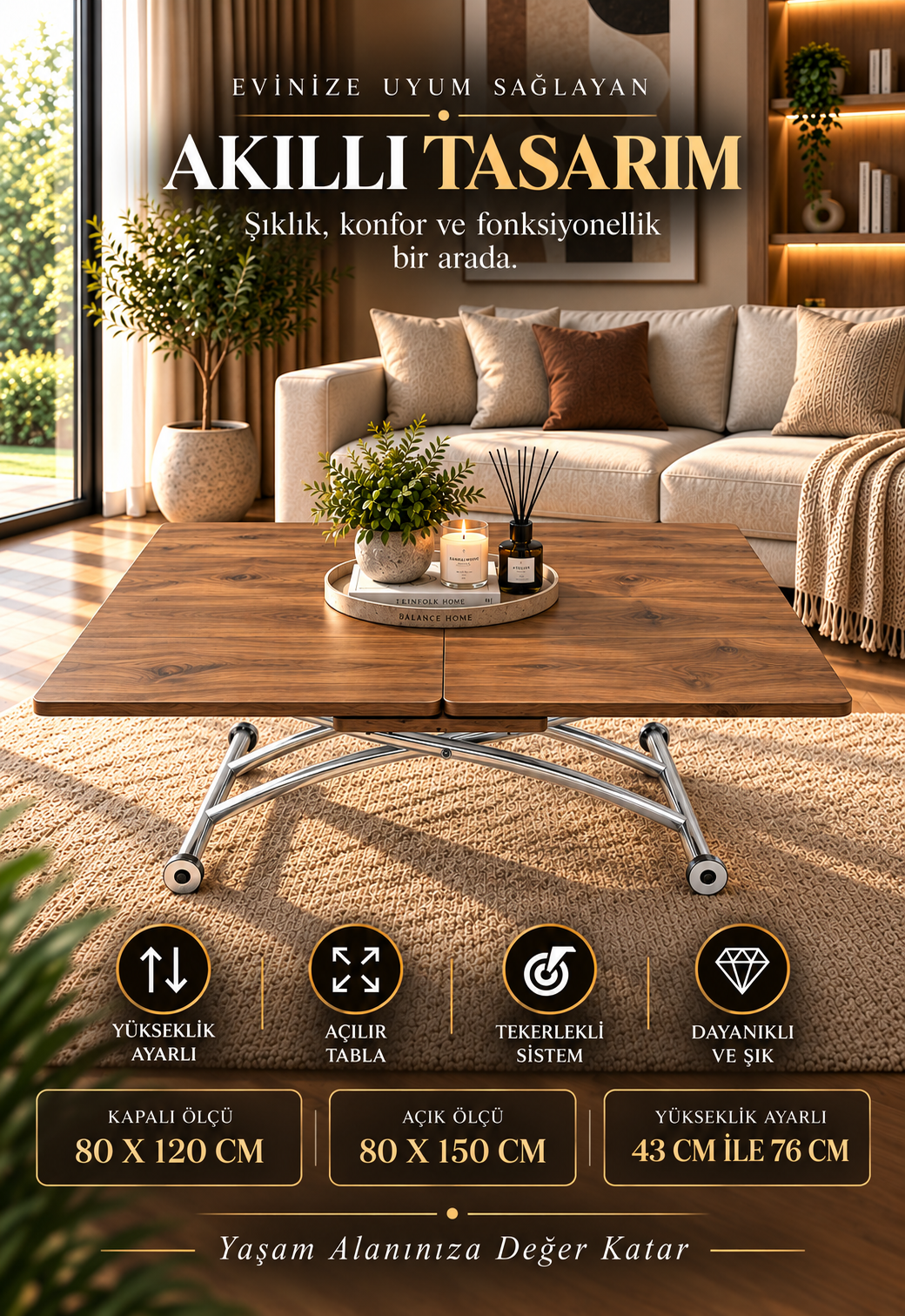 Mid-Openable Square Smart Table | Walnut MDF & Chrome