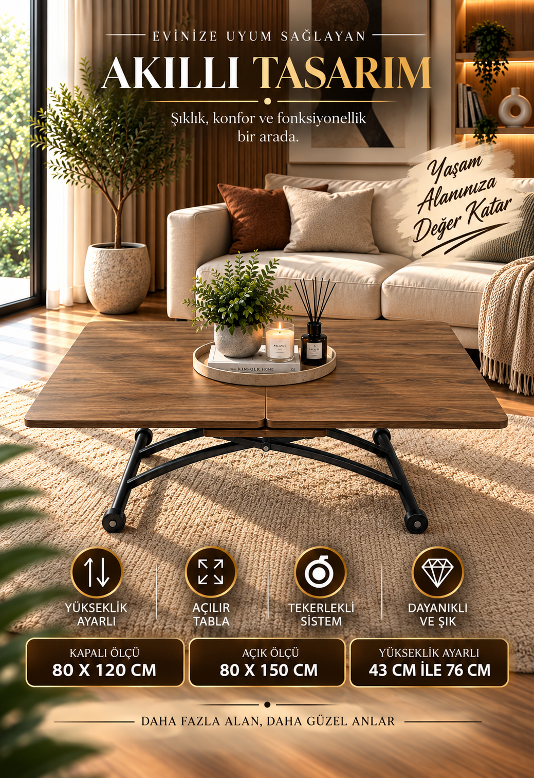 Center-Opening Square Smart Table | Walnut MDF & Black