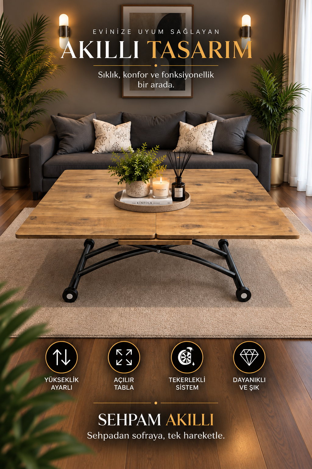 Extendable Square Smart Table | EfesCam MDF & Black