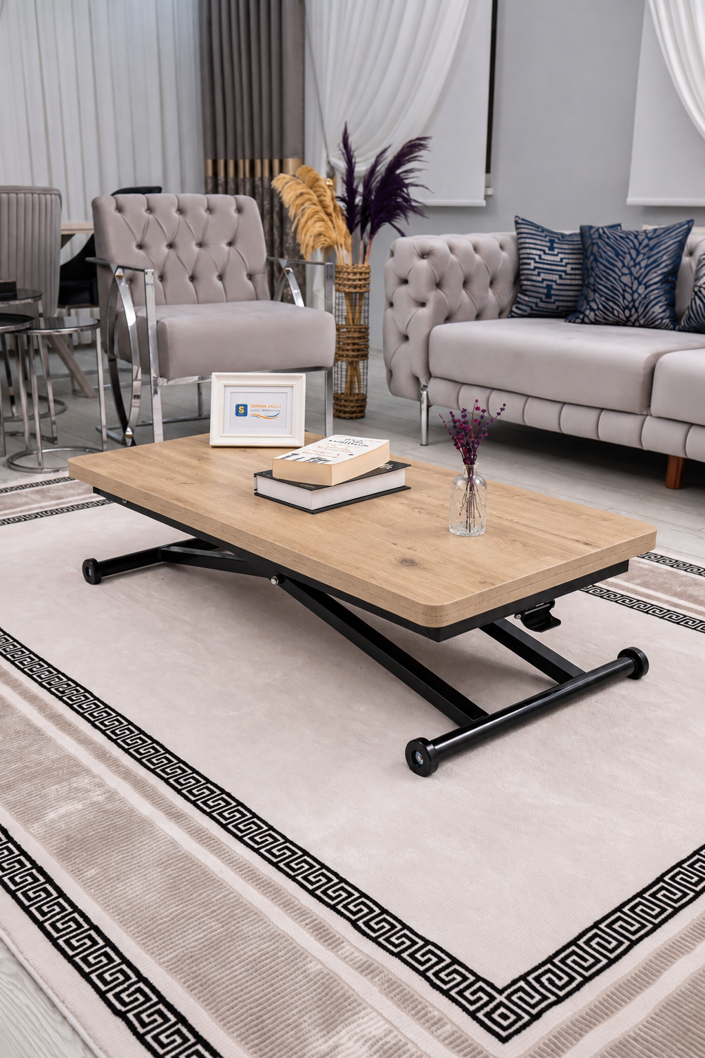 Home Smart Coffee Table – Antique Light MDF Top & Black Metal Legs