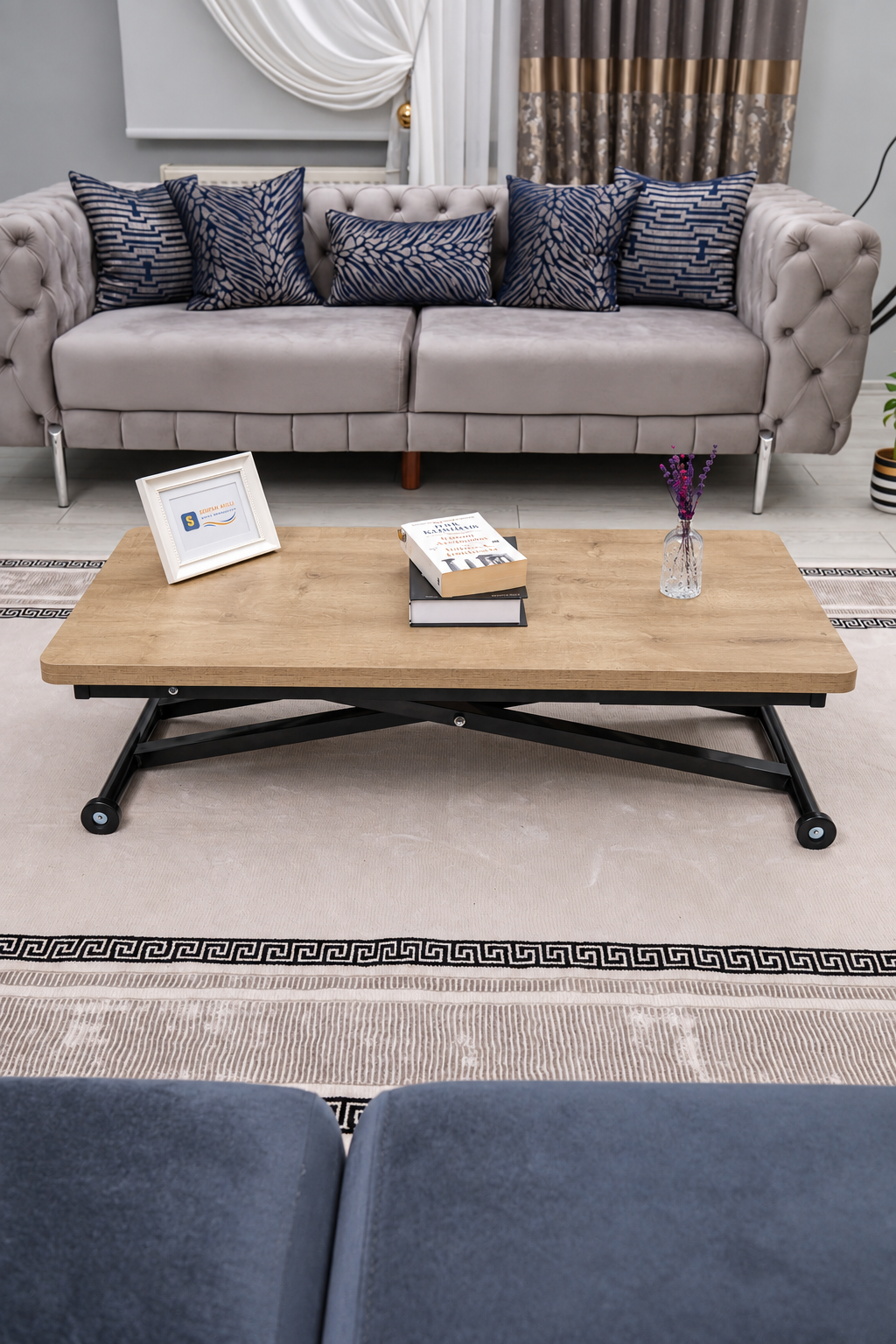 Home Smart Coffee Table – Antique Light MDF Top & Black Metal Legs