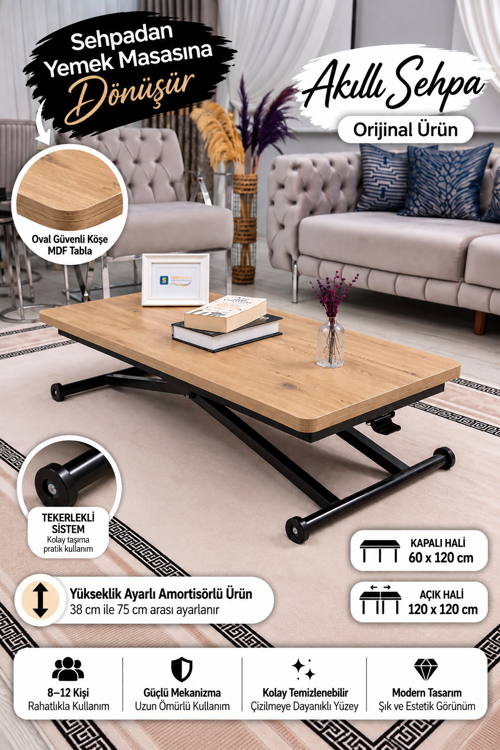 Home Smart Coffee Table – Antique Light MDF Top & Black Metal Legs