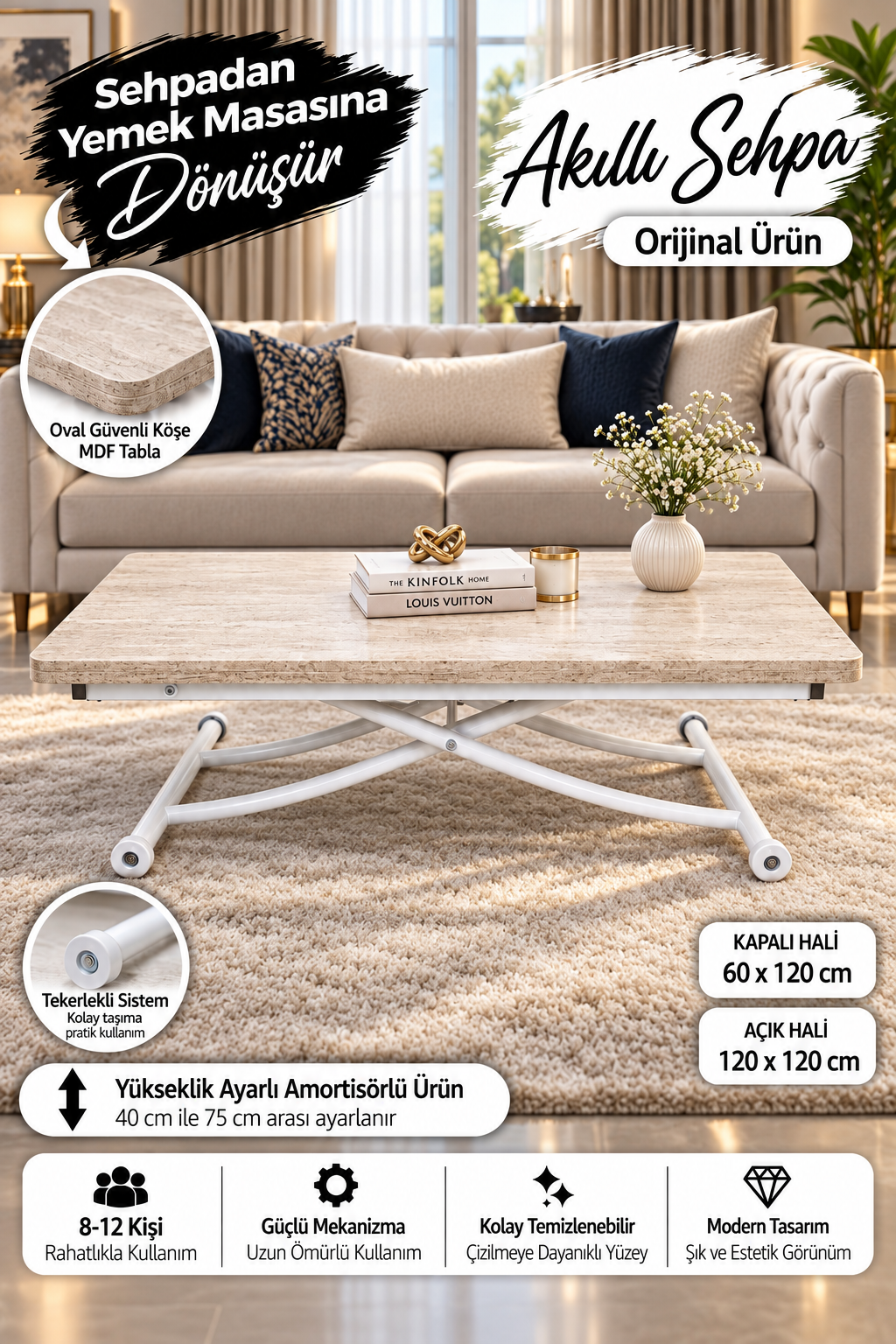 Juppo Smart Coffee Table – Travertine MDF Top & White Metal Legs